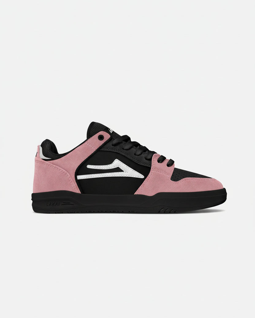 Pink and black sneaker with a white logo on a white background